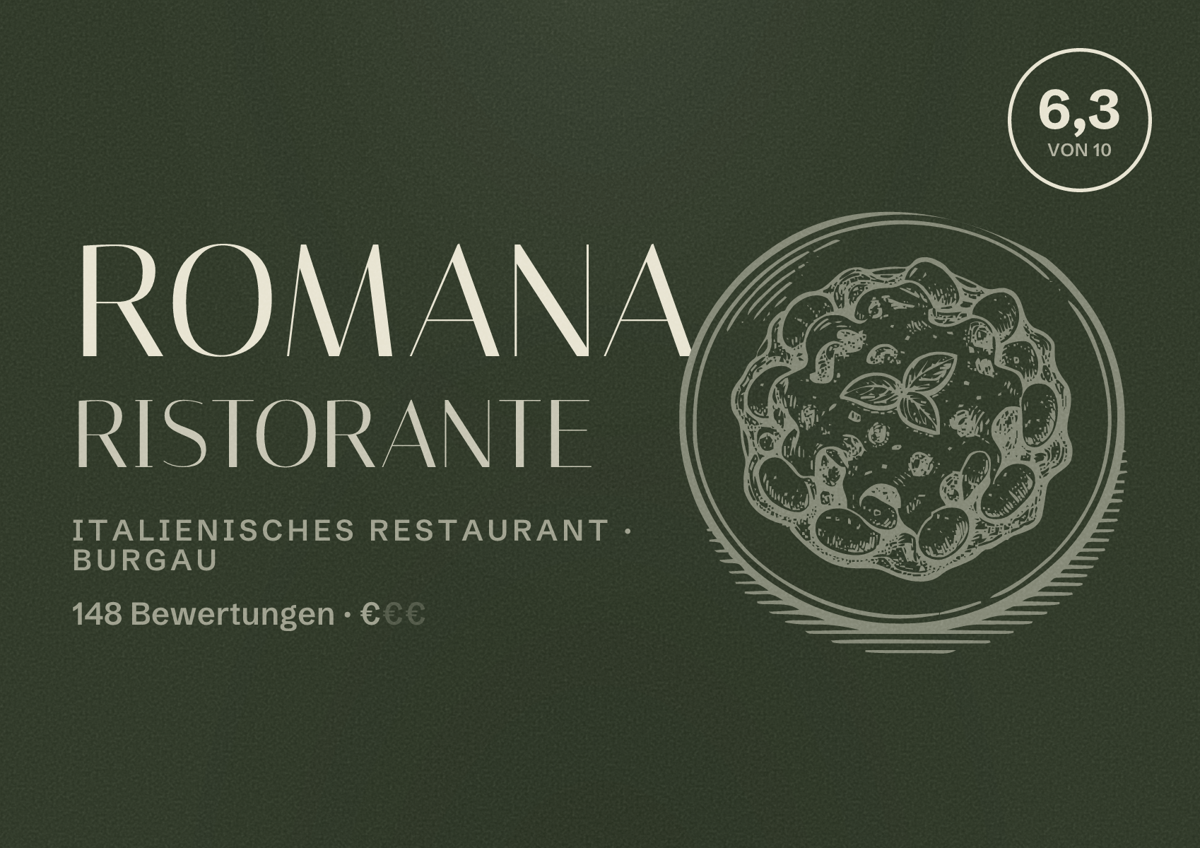 Illustriertes Poster von Romana Ristorante, Italienisches Restaurant in Burgau: Bewertung 6,3 von 10 aus 148 Bewertungen, Preisniveau €