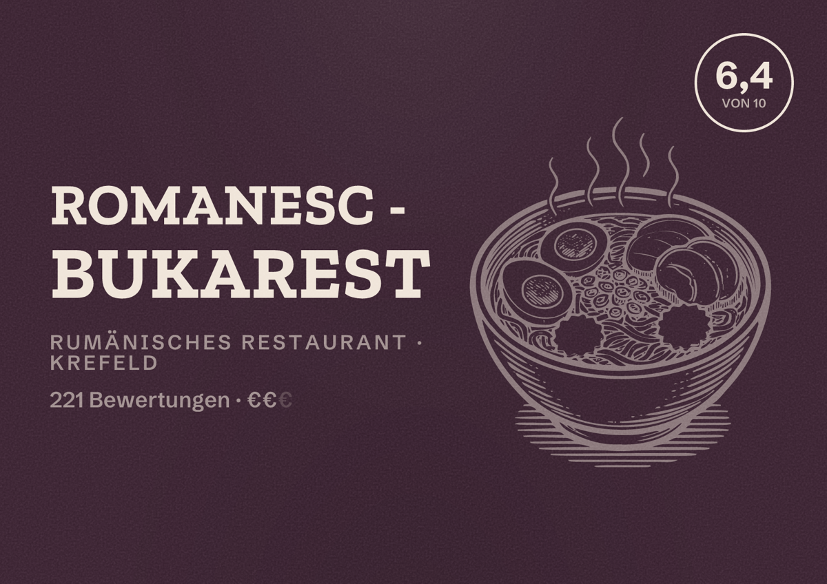 Illustriertes Poster von Romanesc - Bukarest, Rumänisches Restaurant in Krefeld: Bewertung 6,4 von 10 aus 221 Bewertungen, Preisniveau €€
