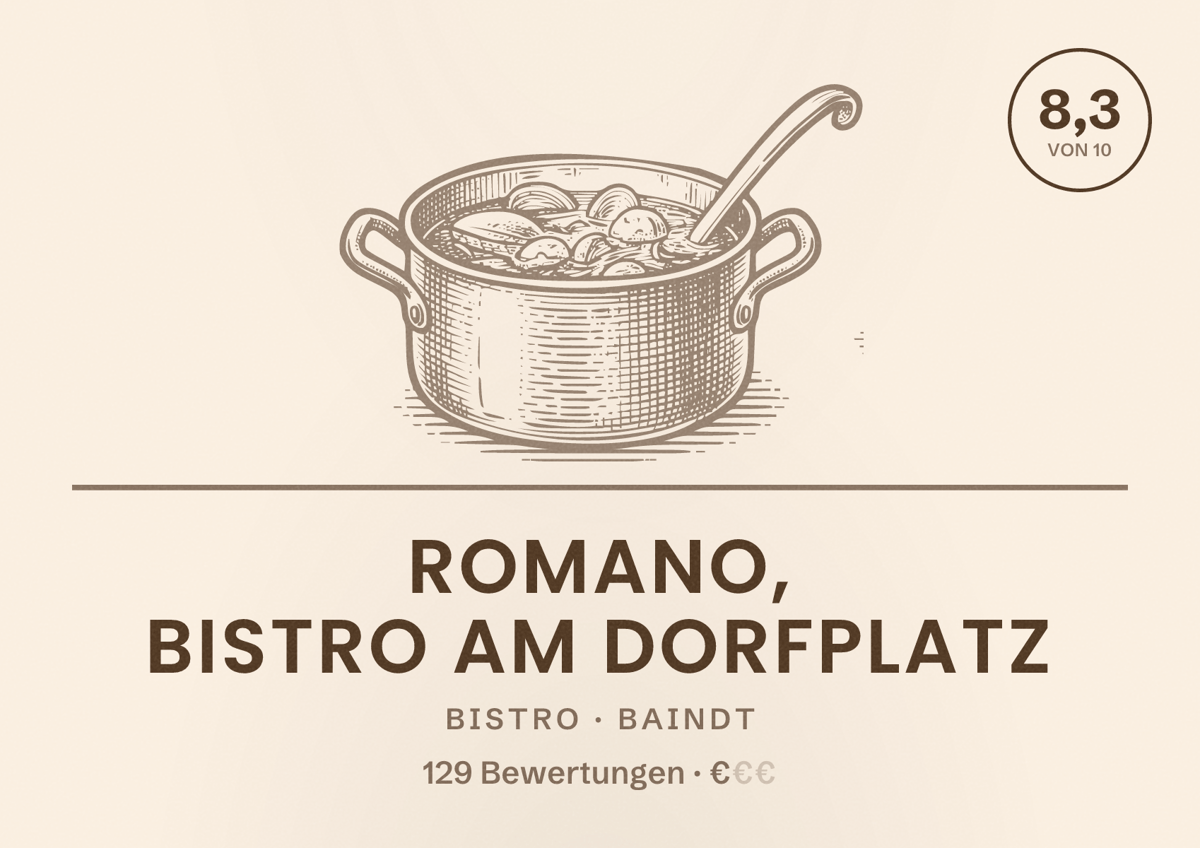 Illustriertes Poster von Romano, Bistro am Dorfplatz, Bistro in Baindt: Bewertung 8,3 von 10 aus 129 Bewertungen, Preisniveau €