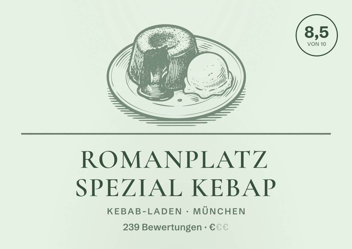 Illustriertes Poster von Romanplatz Spezial Kebap, Kebab-Laden in München: Bewertung 8,5 von 10 aus 239 Bewertungen, Preisniveau €