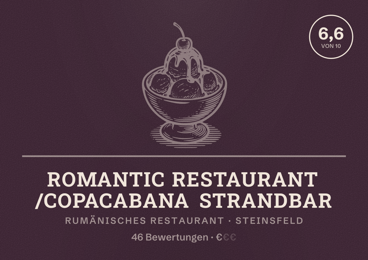 Illustriertes Poster von ROmantic Restaurant /Copacabana Strandbar, Rumänisches Restaurant in Steinsfeld: Bewertung 6,6 von 10 aus 46 Bewertungen, Preisniveau €