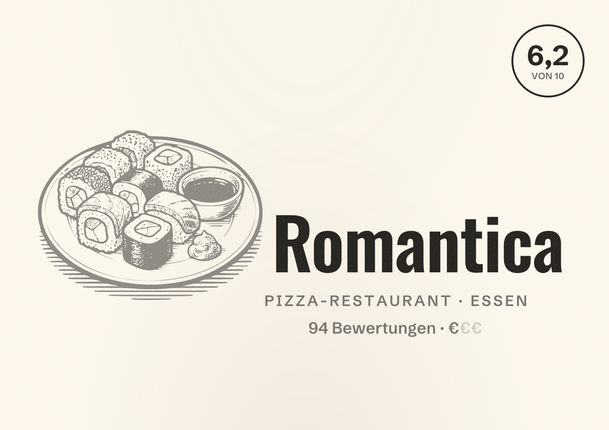Illustriertes Poster von Romantica, Pizza-Restaurant in Essen: Bewertung 6,2 von 10 aus 94 Bewertungen, Preisniveau €