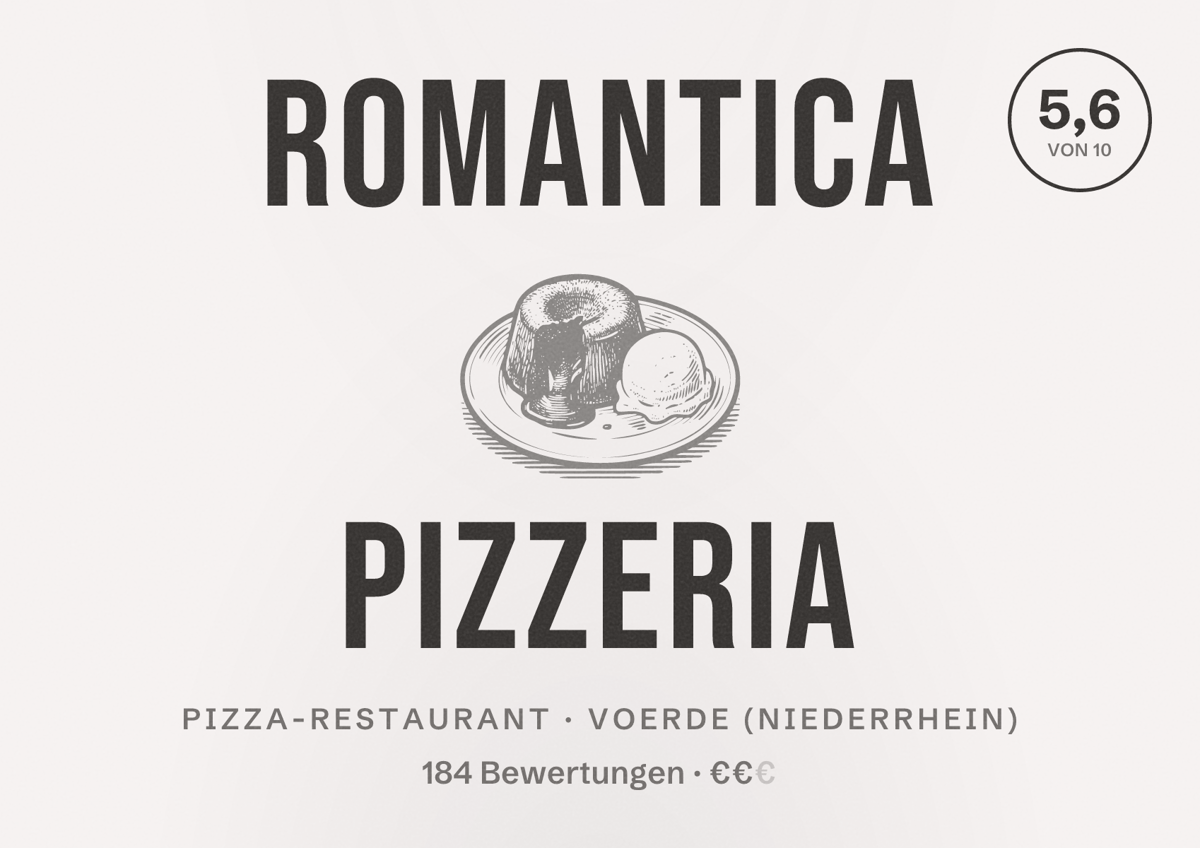 Illustriertes Poster von Romantica Pizzeria, Pizza-Restaurant in Voerde (Niederrhein): Bewertung 5,6 von 10 aus 184 Bewertungen, Preisniveau €€
