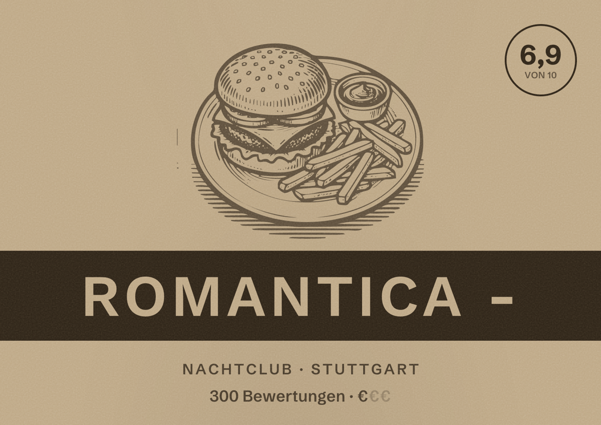 Illustriertes Poster von Romantica -, Nachtclub in Stuttgart: Bewertung 6,9 von 10 aus 300 Bewertungen, Preisniveau €