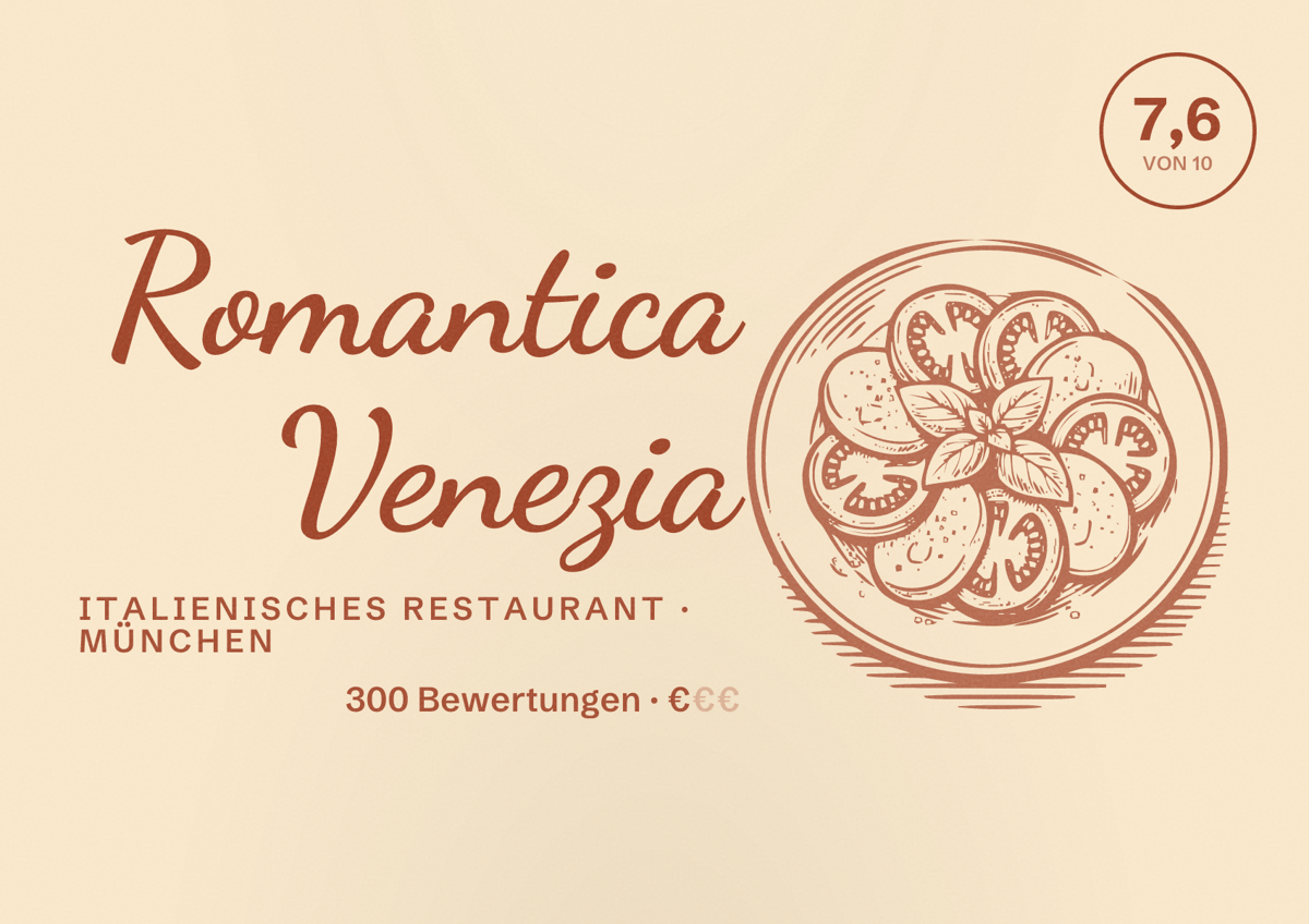 Illustriertes Poster von Romantica Venezia, Italienisches Restaurant in München: Bewertung 7,6 von 10 aus 300 Bewertungen, Preisniveau €