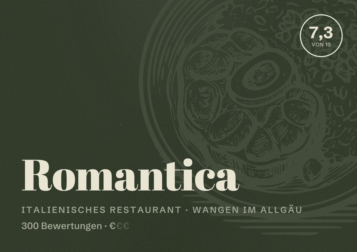 Illustriertes Poster von Romantica, Italienisches Restaurant in Wangen im Allgäu: Bewertung 7,3 von 10 aus 300 Bewertungen, Preisniveau €
