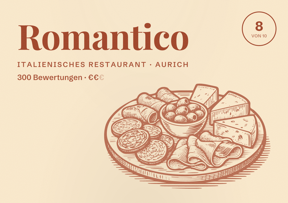 Illustriertes Poster von Romantico, Italienisches Restaurant in Aurich: Bewertung 8 von 10 aus 300 Bewertungen, Preisniveau €€