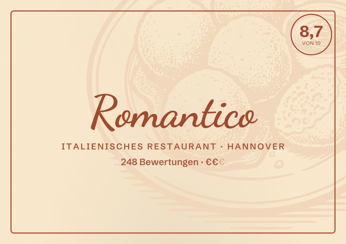Illustriertes Poster von Romantico, Italienisches Restaurant in Hannover: Bewertung 8,7 von 10 aus 248 Bewertungen, Preisniveau €€