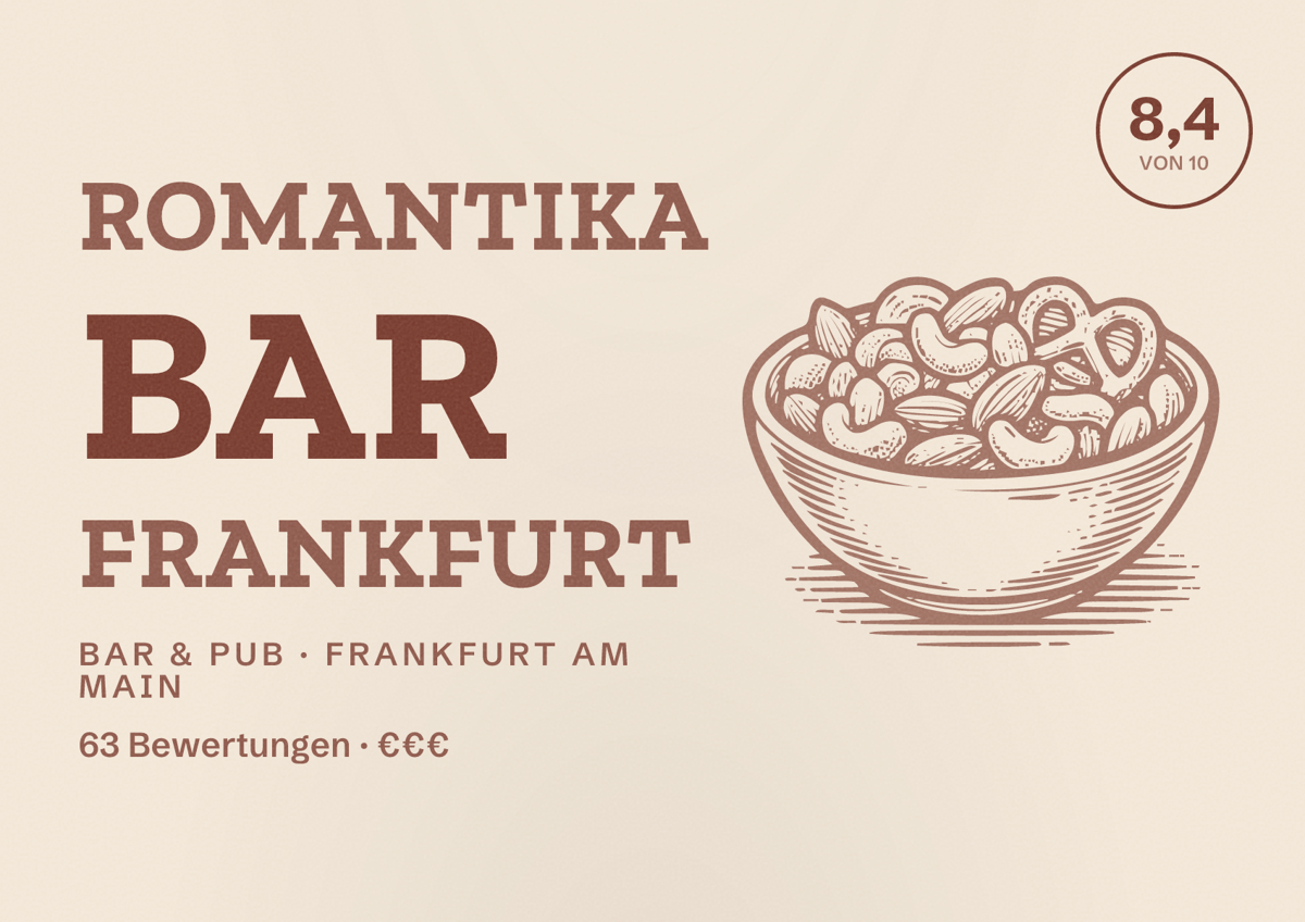 Illustriertes Poster von Romantika Bar Frankfurt, Bar & Pub in Frankfurt am Main: Bewertung 8,4 von 10 aus 63 Bewertungen, Preisniveau €€€