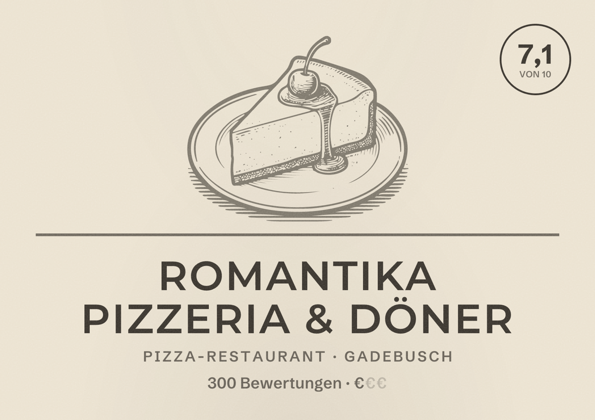 Illustriertes Poster von Romantika Pizzeria & Döner, Pizza-Restaurant in Gadebusch: Bewertung 7,1 von 10 aus 300 Bewertungen, Preisniveau €
