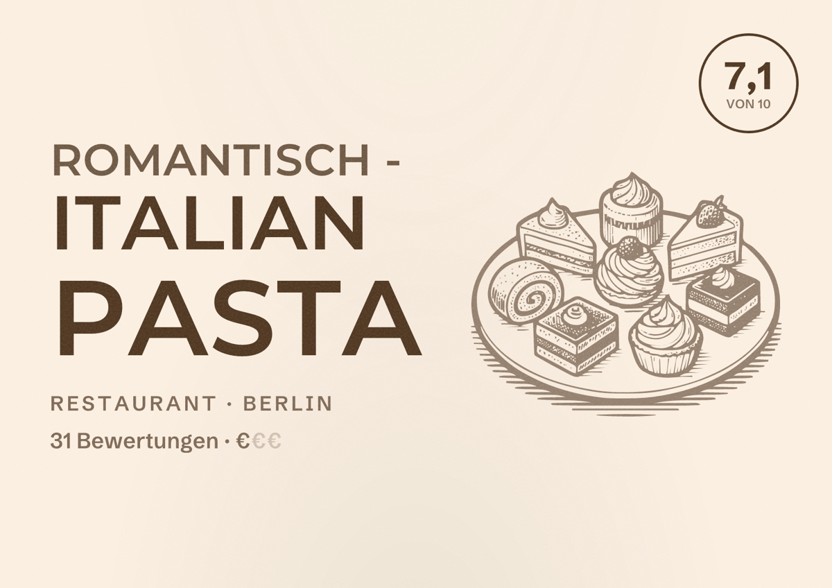 Illustriertes Poster von RomanTisch - Italian Pasta, Restaurant in Berlin: Bewertung 7,1 von 10 aus 31 Bewertungen, Preisniveau €