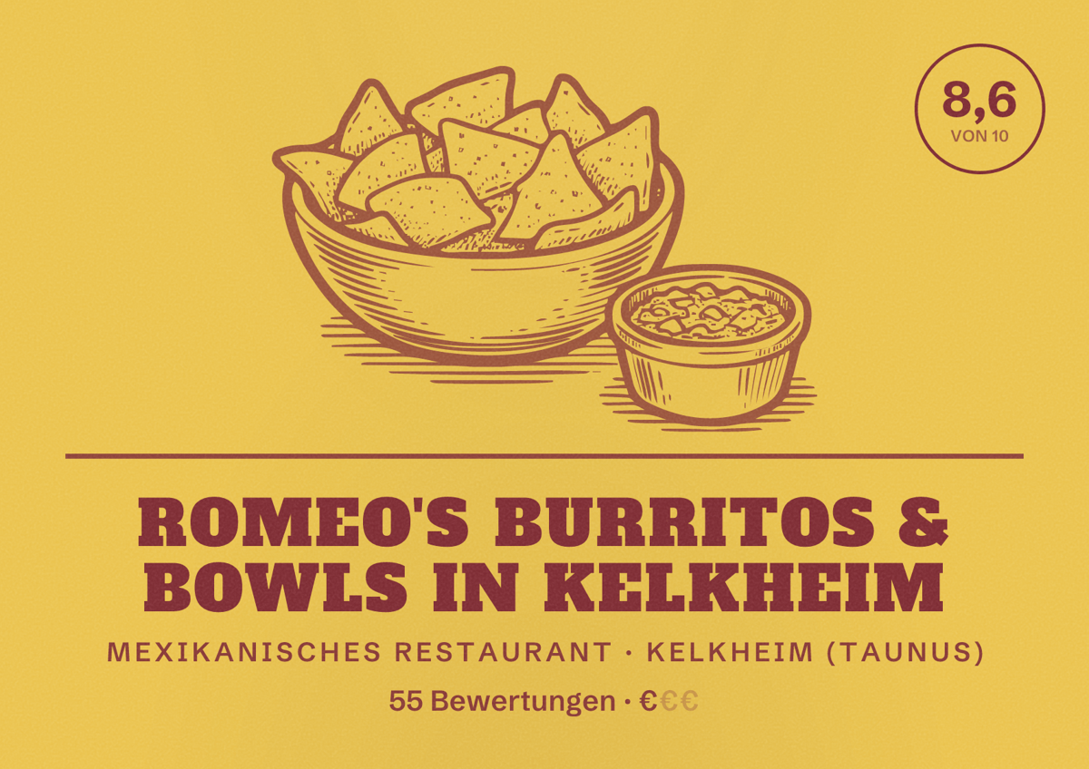 Illustriertes Poster von Romeo's Burritos & Bowls in Kelkheim, Mexikanisches Restaurant in Kelkheim (Taunus): Bewertung 8,6 von 10 aus 55 Bewertungen, Preisniveau €