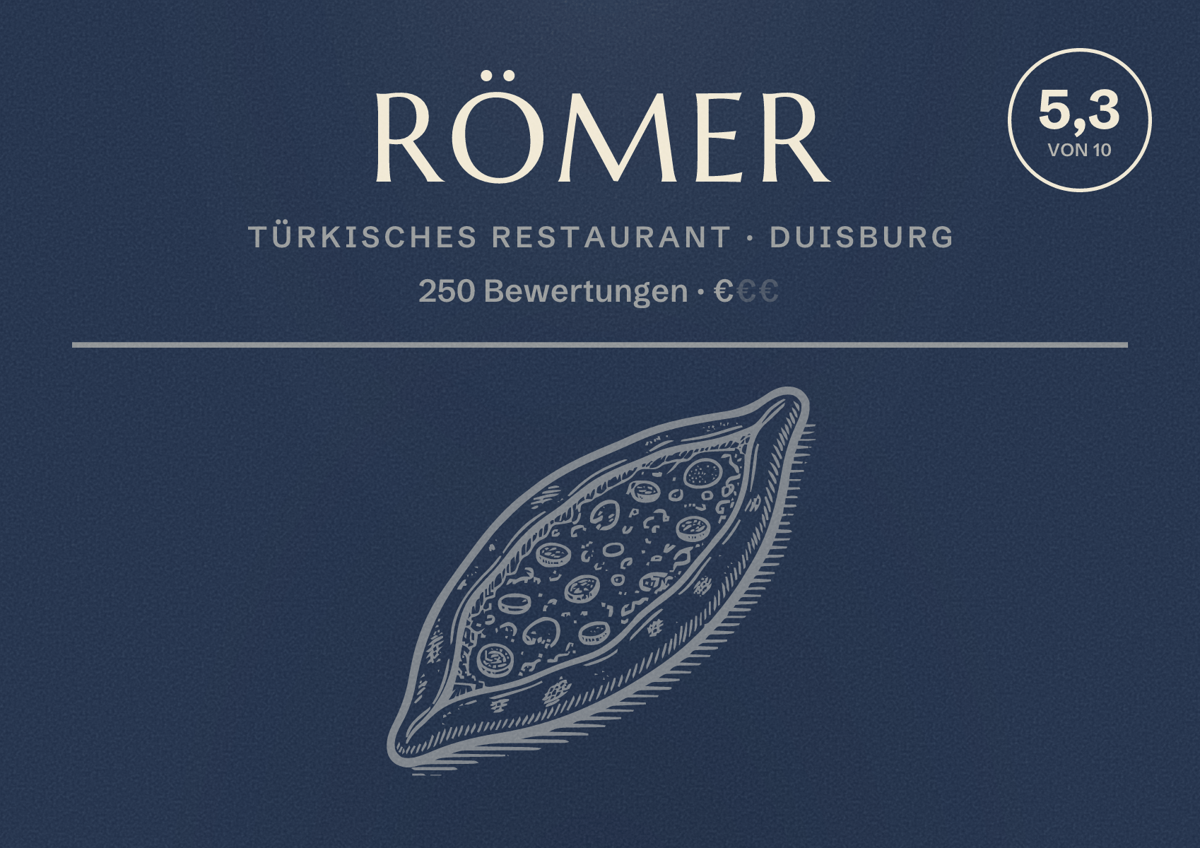 Illustriertes Poster von Römer, Türkisches Restaurant in Duisburg: Bewertung 5,3 von 10 aus 250 Bewertungen, Preisniveau €