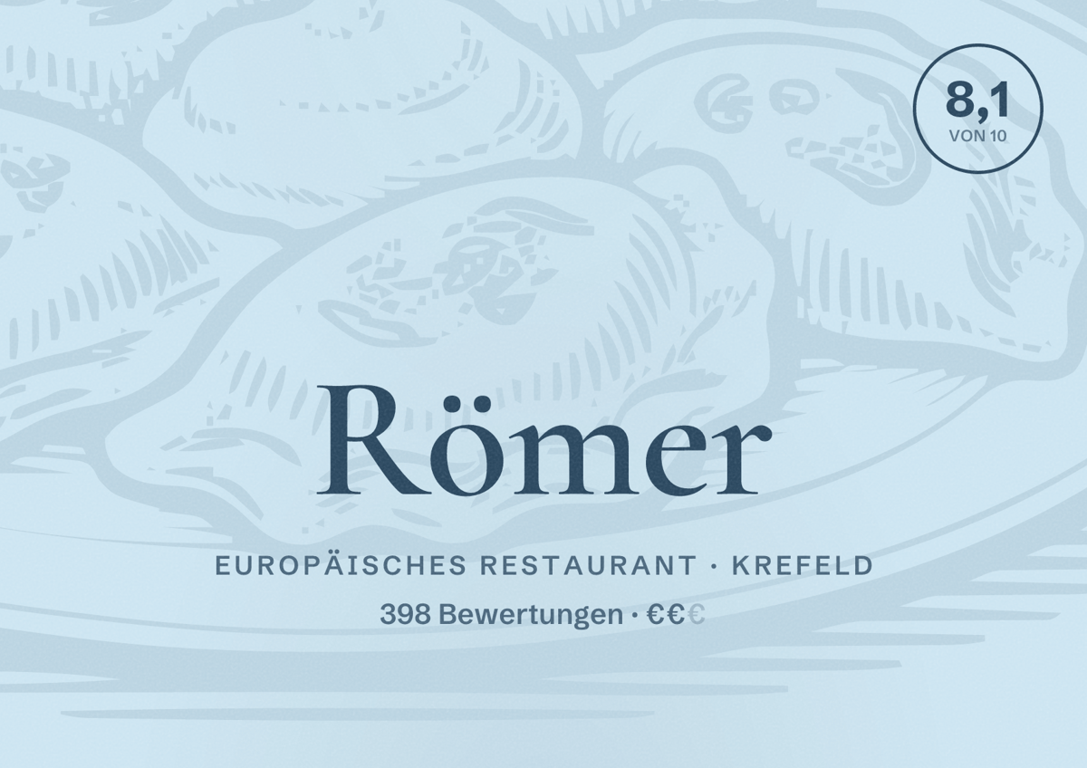 Illustriertes Poster von Römer, Europäisches Restaurant in Krefeld: Bewertung 8,1 von 10 aus 398 Bewertungen, Preisniveau €€