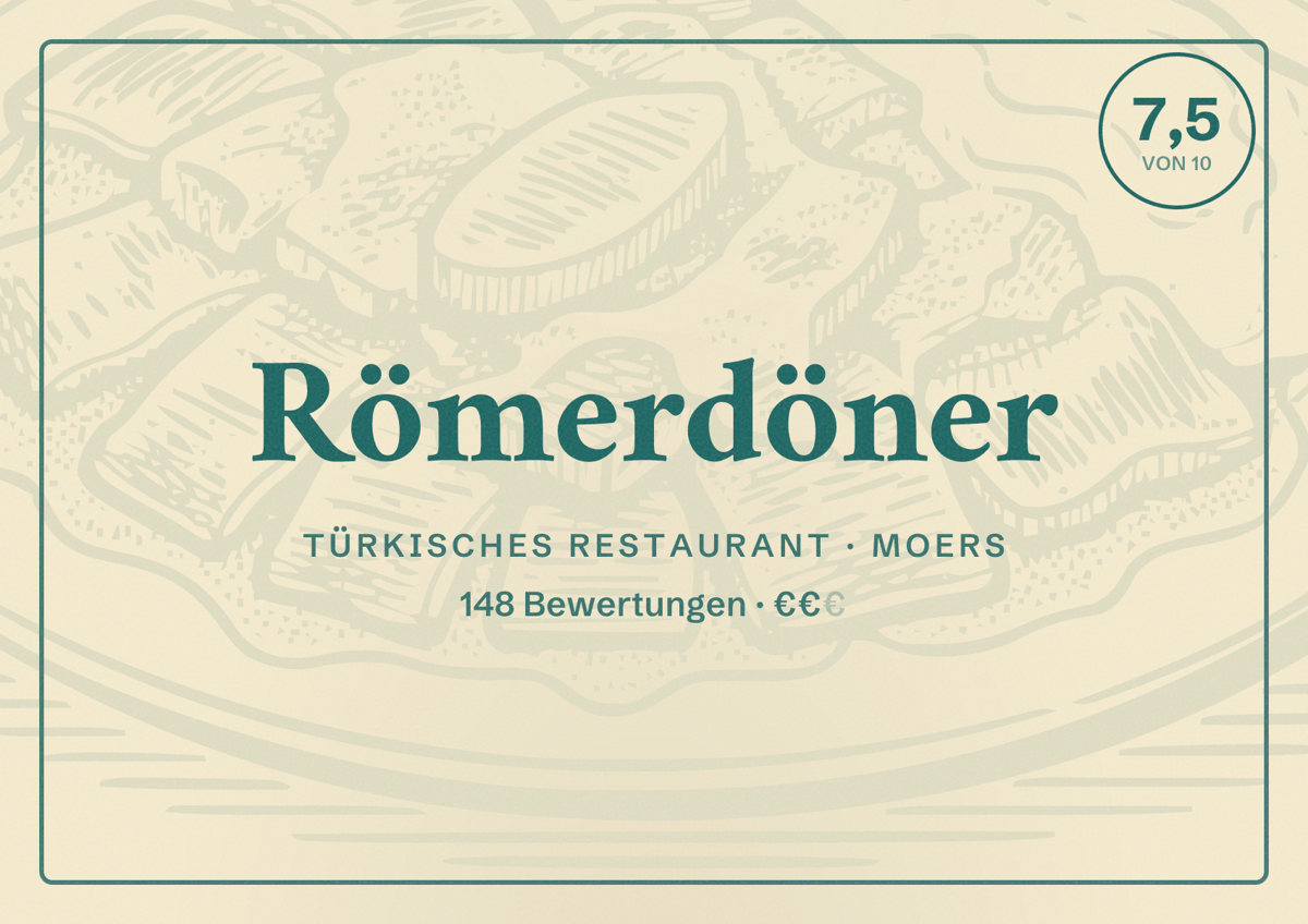 Illustriertes Poster von Römerdöner, Türkisches Restaurant in Moers: Bewertung 7,5 von 10 aus 148 Bewertungen, Preisniveau €€