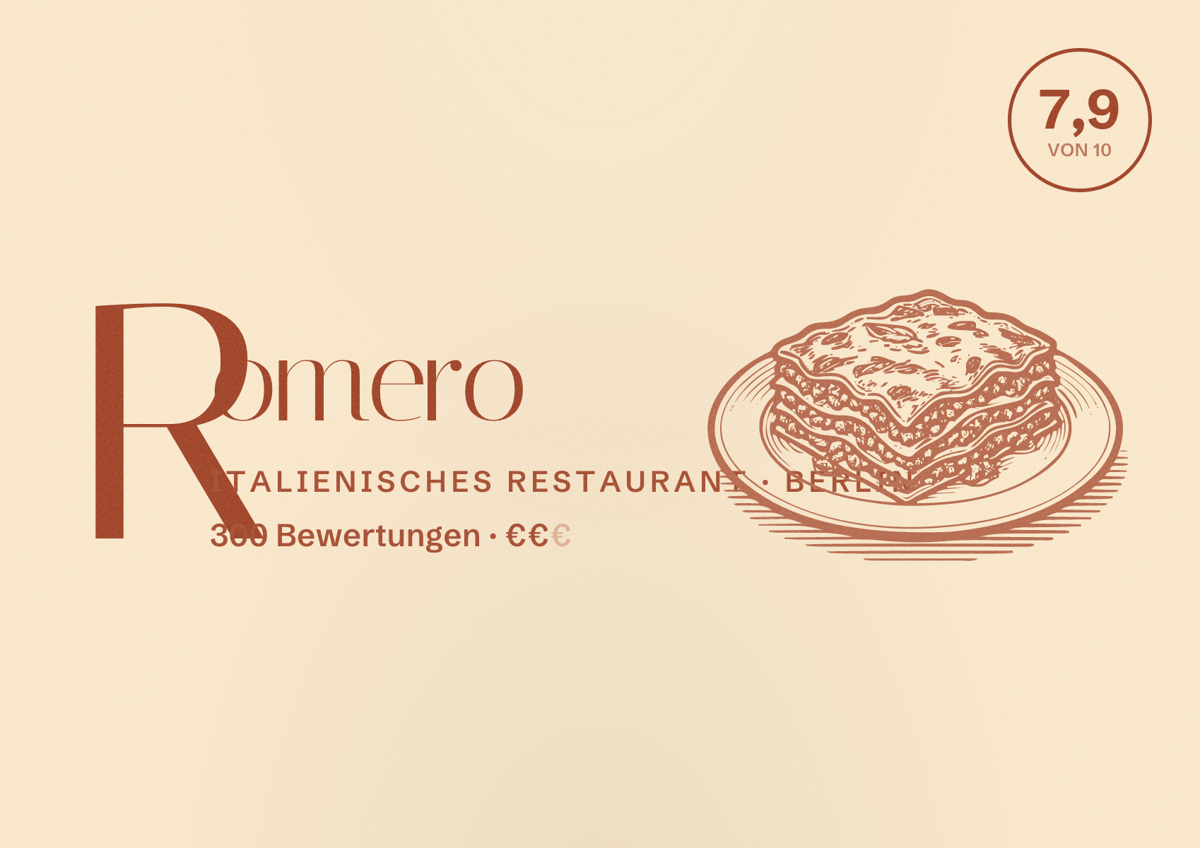 Illustriertes Poster von Romero, Italienisches Restaurant in Berlin: Bewertung 7,9 von 10 aus 300 Bewertungen, Preisniveau €€