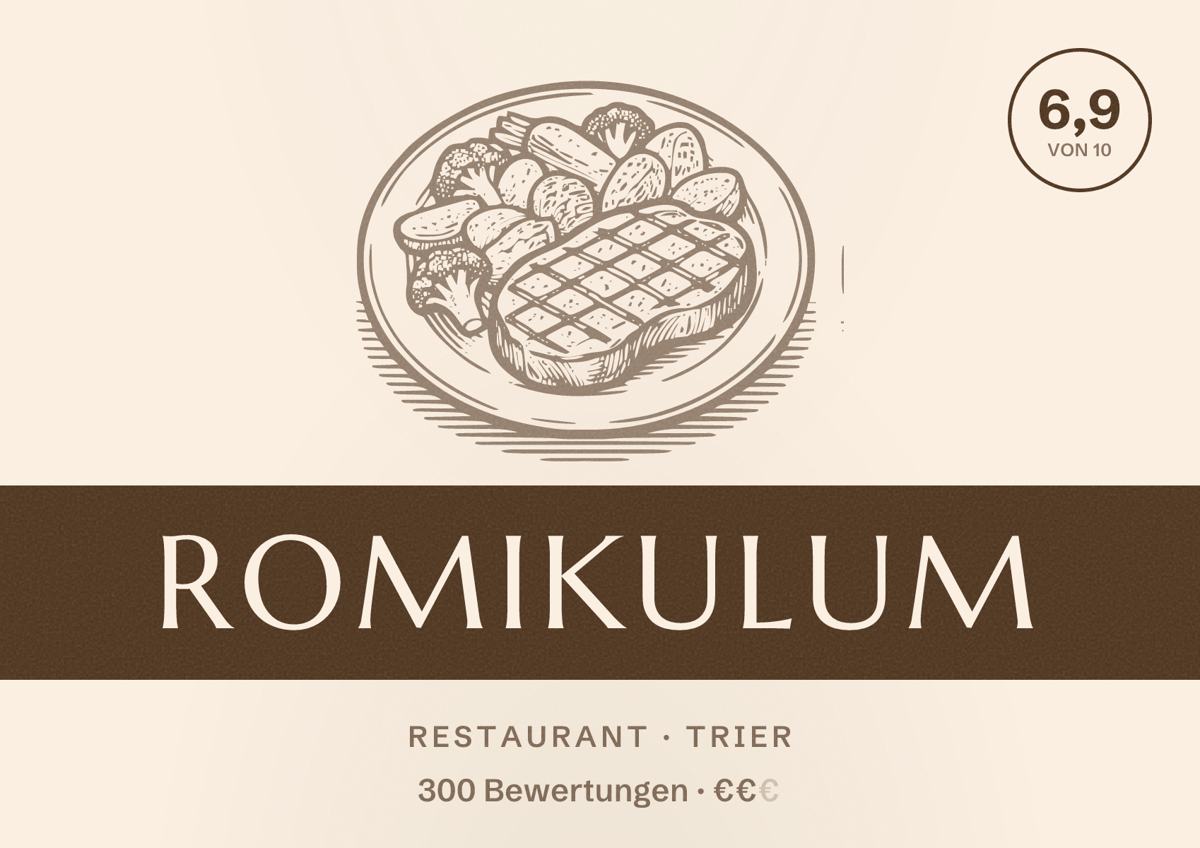 Illustriertes Poster von Romikulum, Restaurant in Trier: Bewertung 6,9 von 10 aus 300 Bewertungen, Preisniveau €€