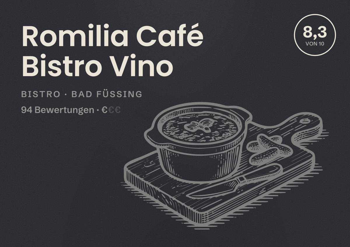 Illustriertes Poster von Romilia Café Bistro Vino, Bistro in Bad Füssing: Bewertung 8,3 von 10 aus 94 Bewertungen, Preisniveau €