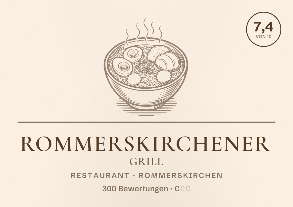 Illustriertes Poster von Rommerskirchener Grill, Restaurant in Rommerskirchen: Bewertung 7,4 von 10 aus 300 Bewertungen, Preisniveau €