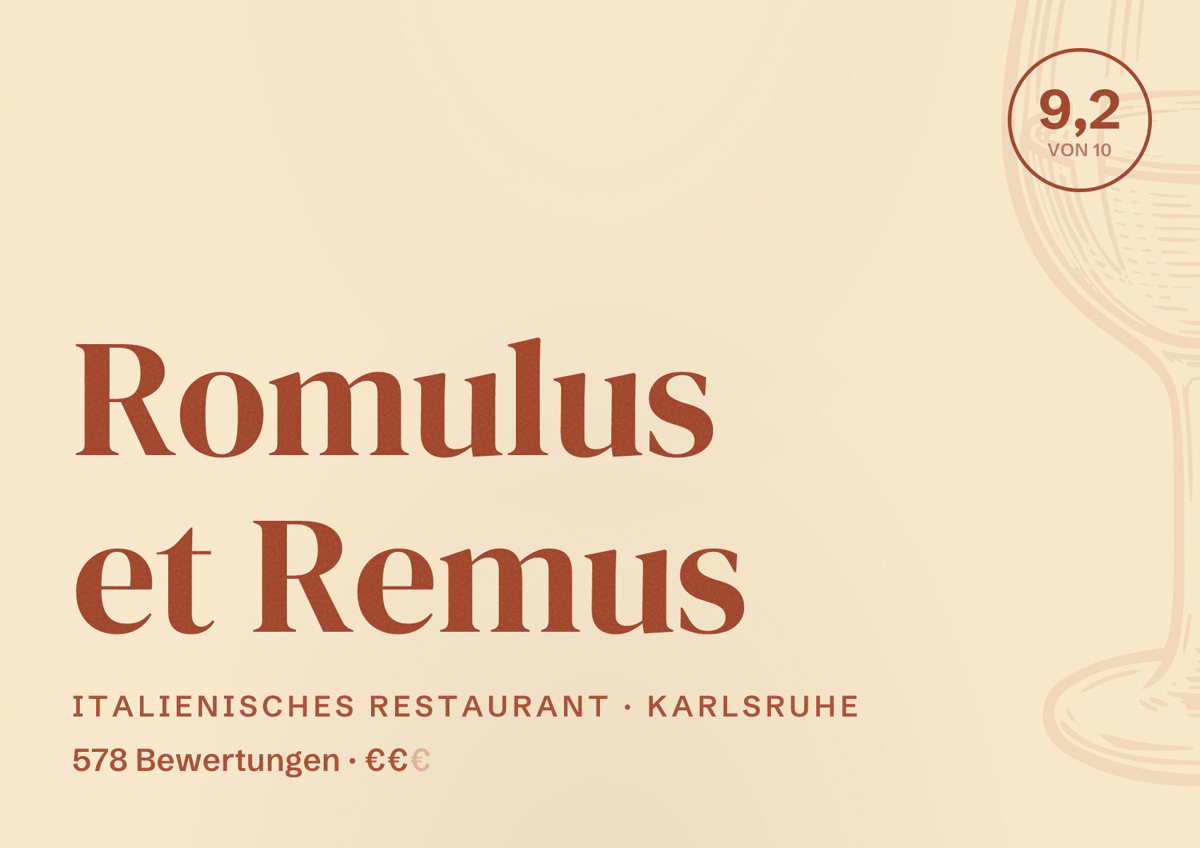 Illustriertes Poster von Romulus et Remus, Italienisches Restaurant in Karlsruhe: Bewertung 9,2 von 10 aus 578 Bewertungen, Preisniveau €€
