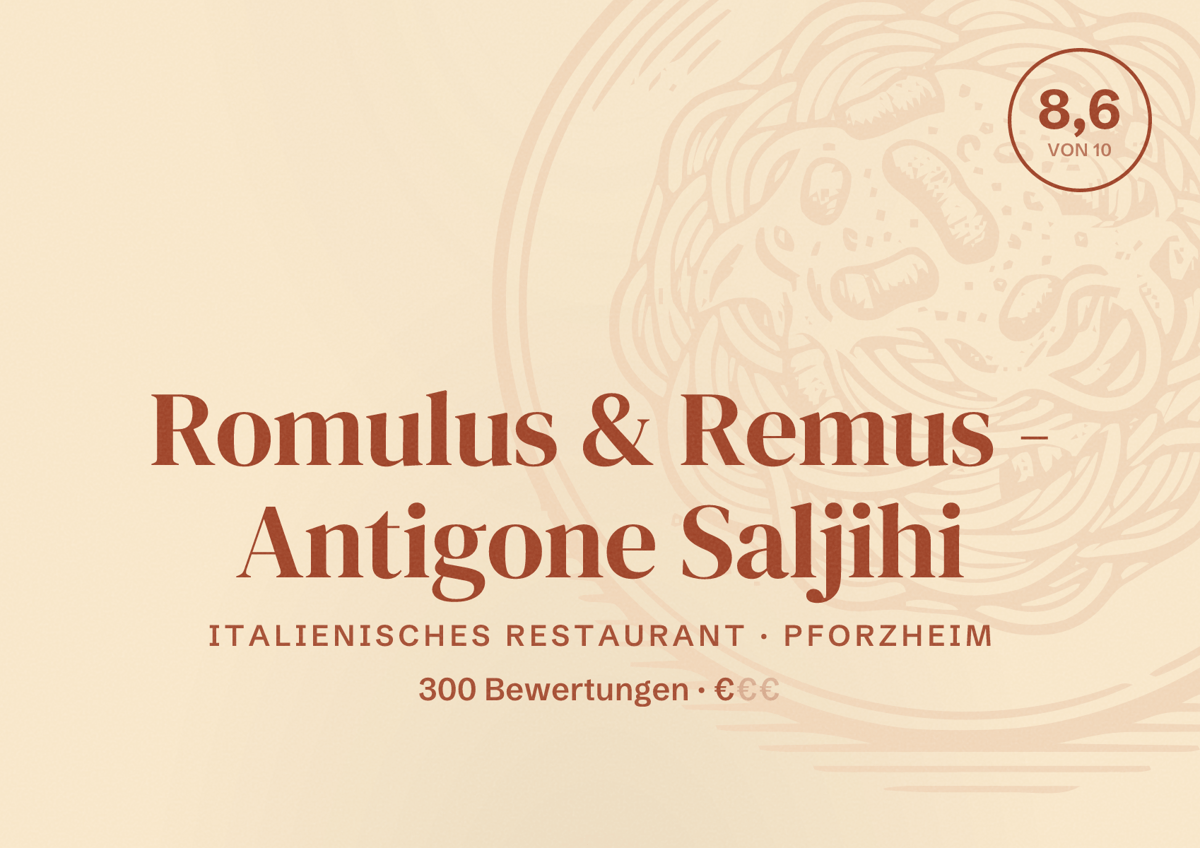 Illustriertes Poster von Romulus & Remus - Antigone Saljihi, Italienisches Restaurant in Pforzheim: Bewertung 8,6 von 10 aus 300 Bewertungen, Preisniveau €