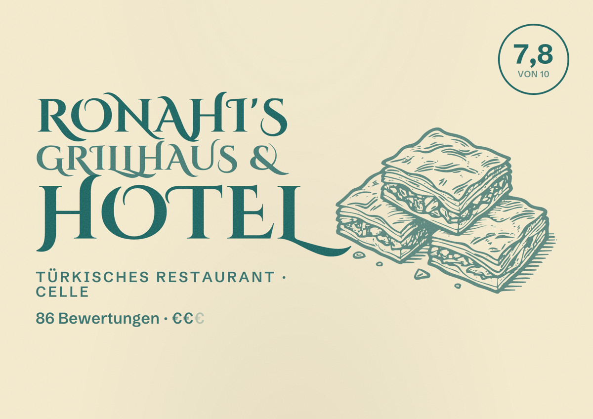 Illustriertes Poster von Ronahi's Grillhaus & Hotel, Türkisches Restaurant in Celle: Bewertung 7,8 von 10 aus 86 Bewertungen, Preisniveau €€