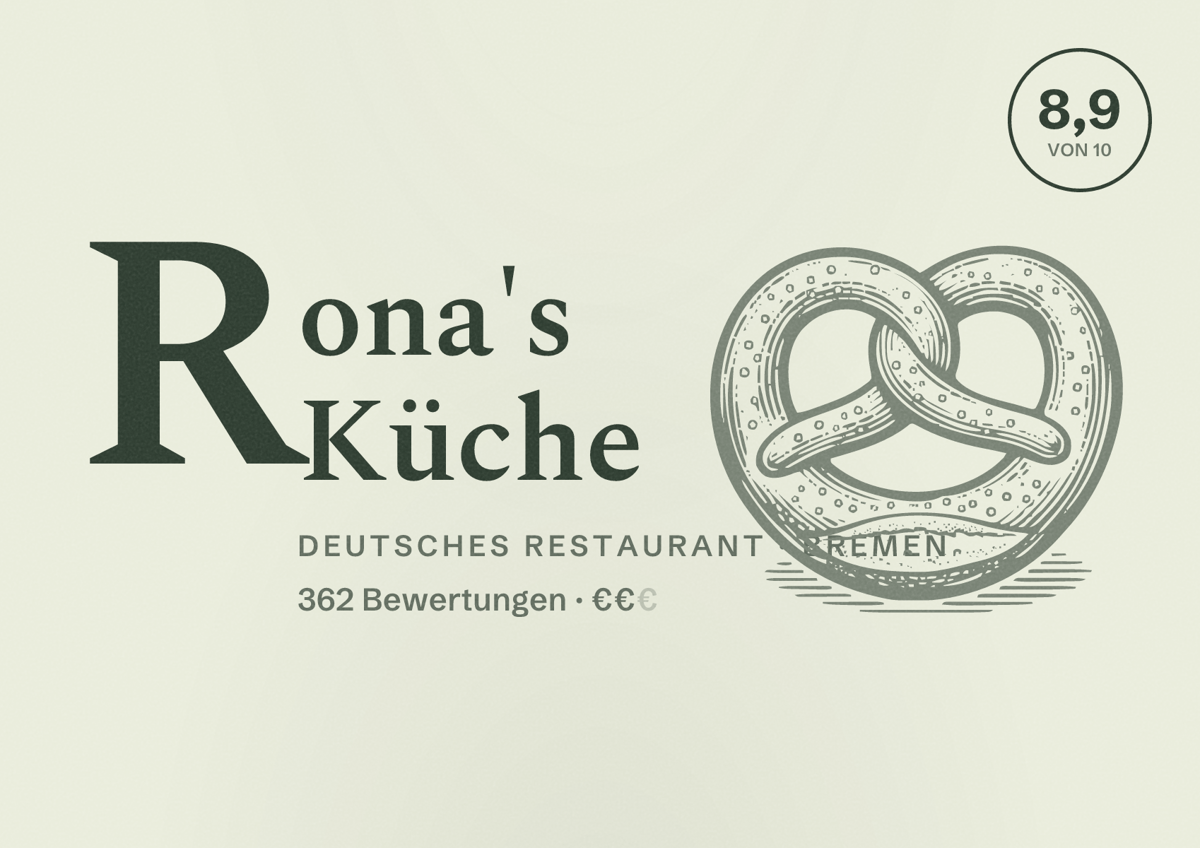Illustriertes Poster von Rona's Küche, Deutsches Restaurant in Bremen: Bewertung 8,9 von 10 aus 362 Bewertungen, Preisniveau €€