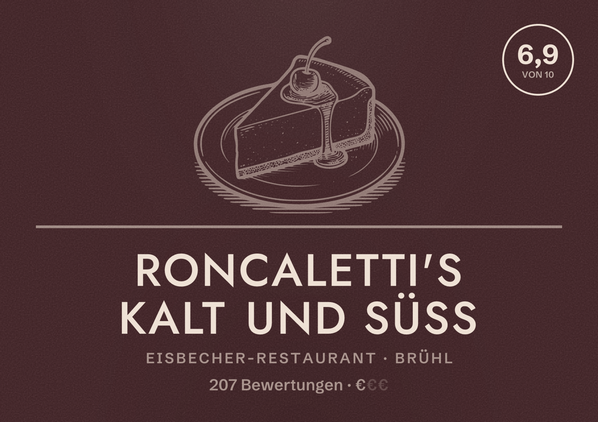 Illustriertes Poster von Roncaletti's Kalt und Süss, Eisbecher-Restaurant in Brühl: Bewertung 6,9 von 10 aus 207 Bewertungen, Preisniveau €