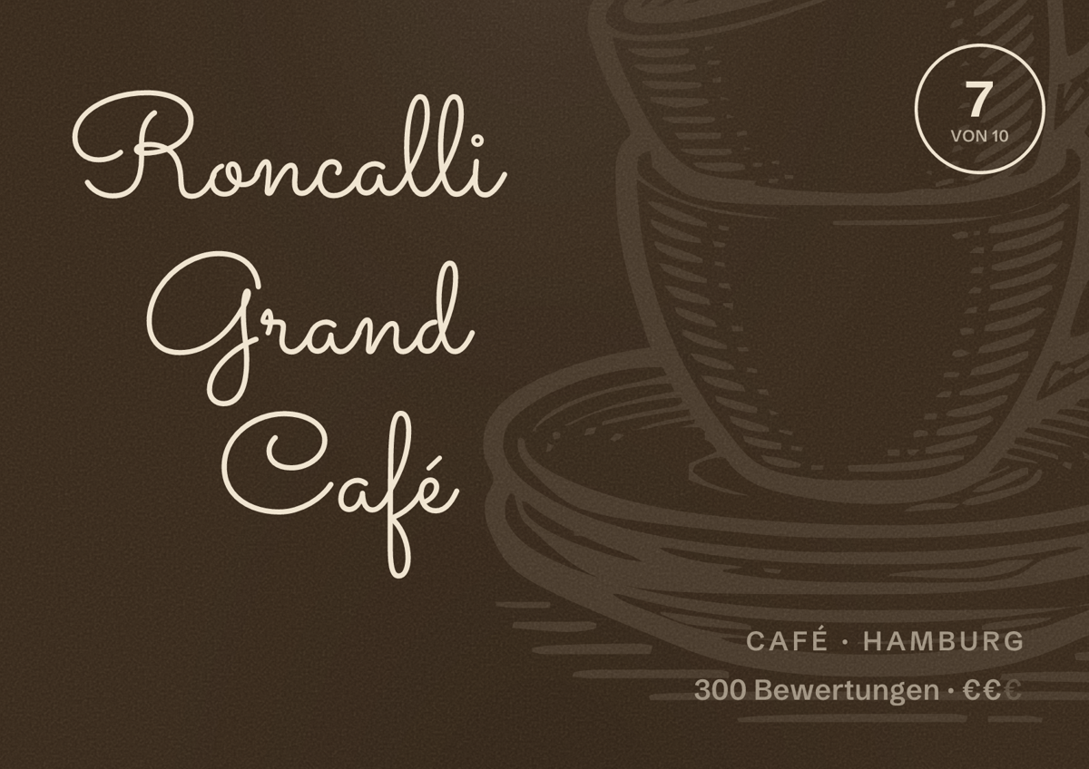 Illustriertes Poster von Roncalli Grand Café, Café in Hamburg: Bewertung 7,0 von 10 aus 300 Bewertungen, Preisniveau €€