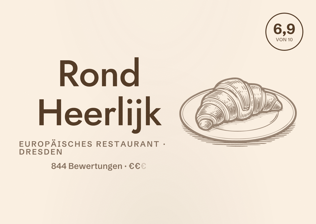 Illustriertes Poster von Rond Heerlijk, Europäisches Restaurant in Dresden: Bewertung 6,9 von 10 aus 844 Bewertungen, Preisniveau €€