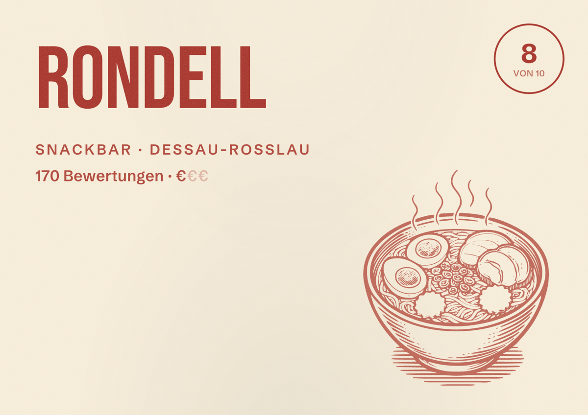 Illustriertes Poster von Rondell, Snackbar in Dessau-Roßlau: Bewertung 8 von 10 aus 170 Bewertungen, Preisniveau €