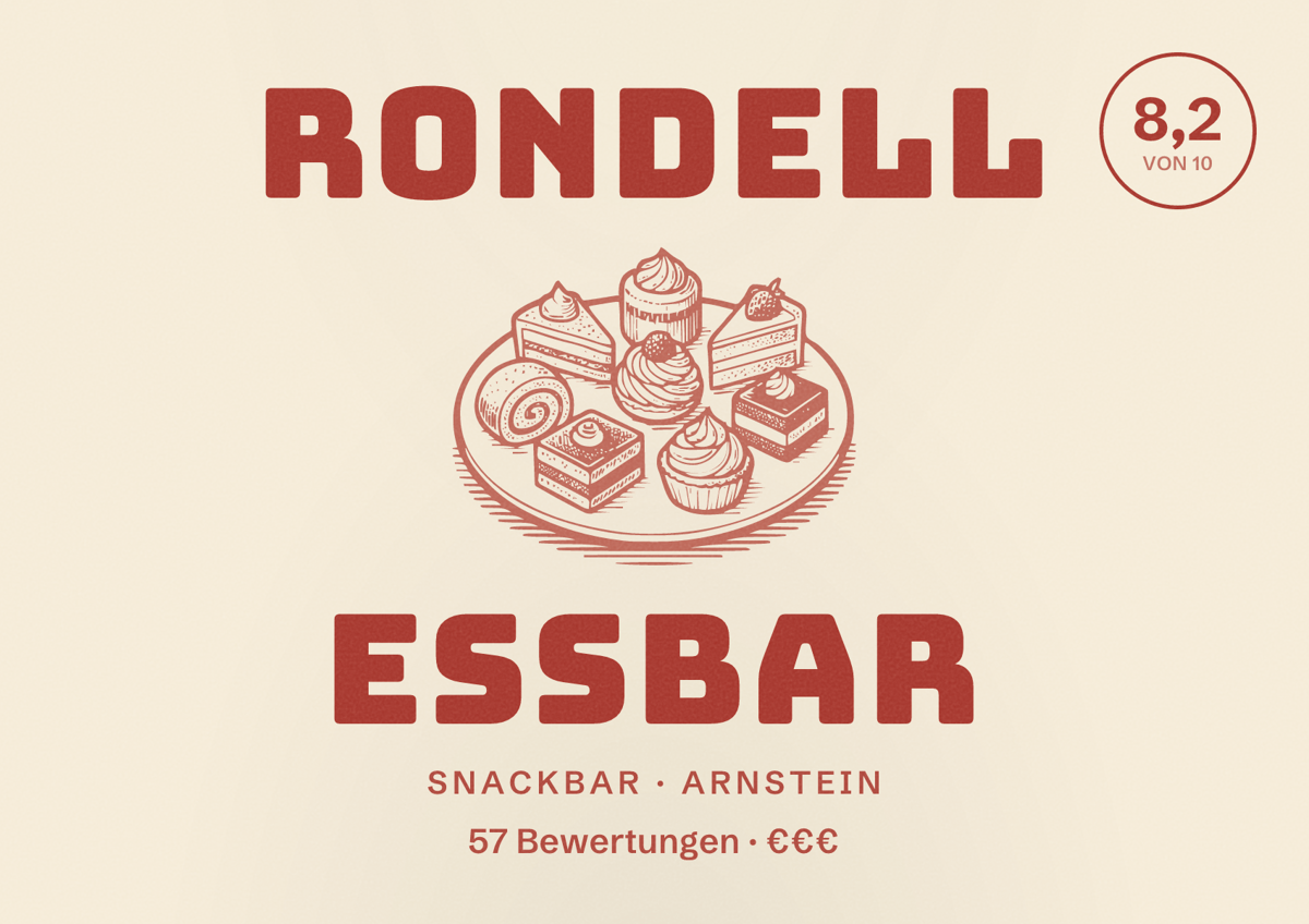 Illustriertes Poster von Rondell Essbar, Snackbar in Arnstein: Bewertung 8,2 von 10 aus 57 Bewertungen, Preisniveau €€€
