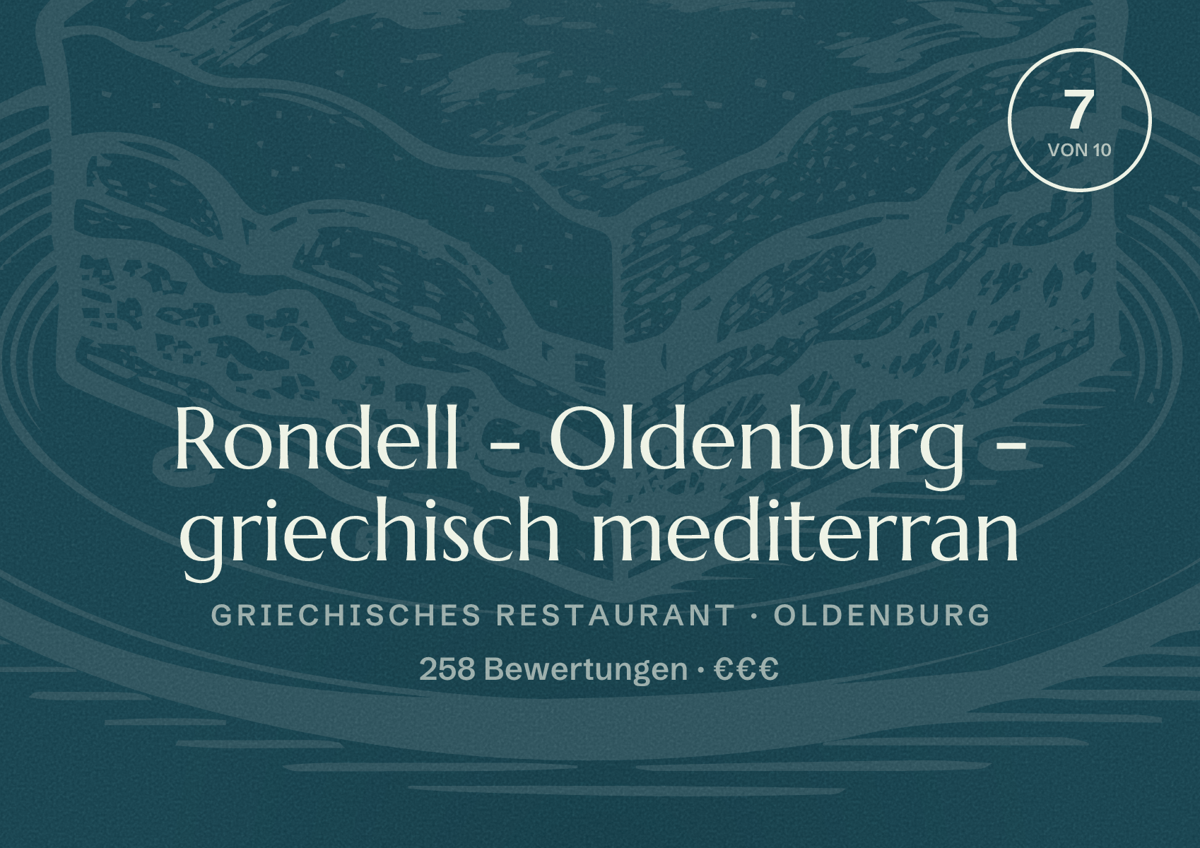 Illustriertes Poster von Rondell - Oldenburg - griechisch mediterran, Griechisches Restaurant in Oldenburg: Bewertung 7,0 von 10 aus 258 Bewertungen, Preisniveau €€€