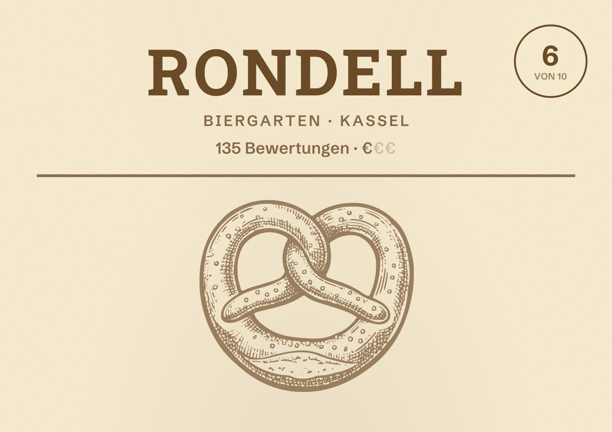 Illustriertes Poster von Rondell, Biergarten in Kassel: Bewertung 6 von 10 aus 135 Bewertungen, Preisniveau €