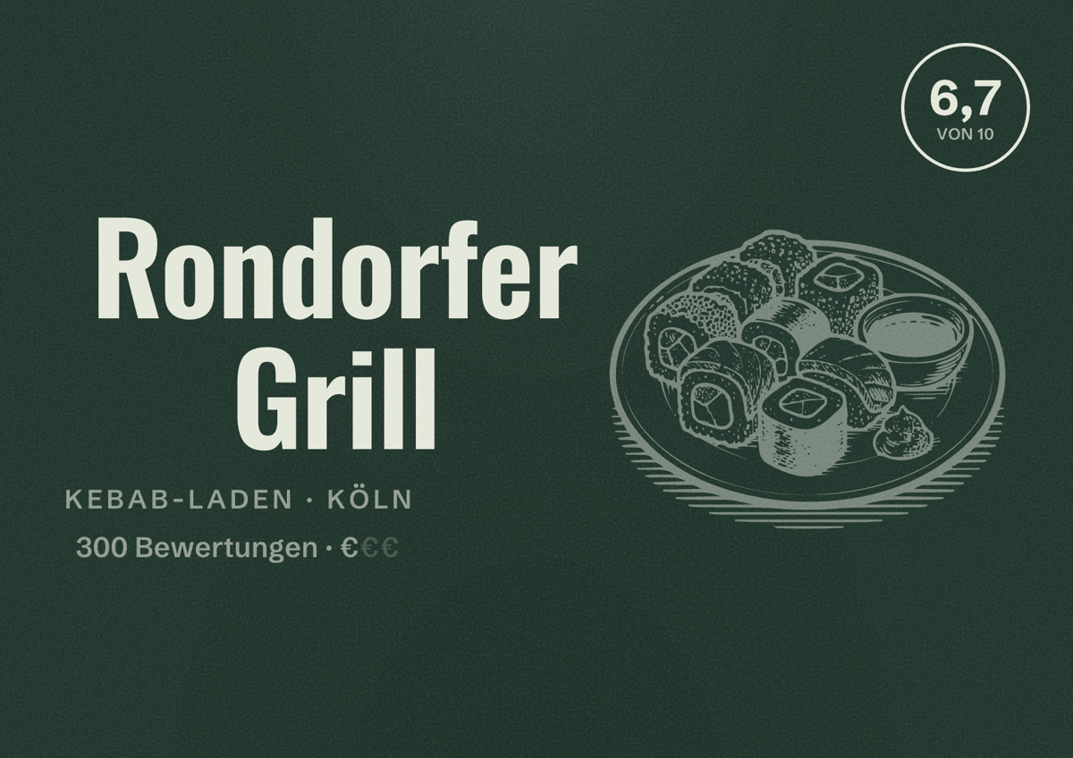 Illustriertes Poster von Rondorfer Grill, Kebab-Laden in Köln: Bewertung 6,7 von 10 aus 300 Bewertungen, Preisniveau €