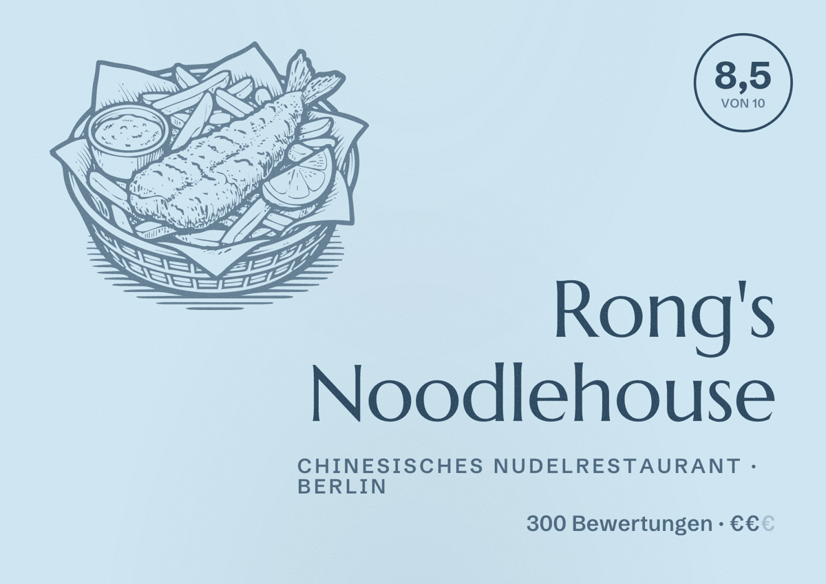 Illustriertes Poster von Rong's Noodlehouse, Chinesisches Nudelrestaurant in Berlin: Bewertung 8,5 von 10 aus 300 Bewertungen, Preisniveau €€