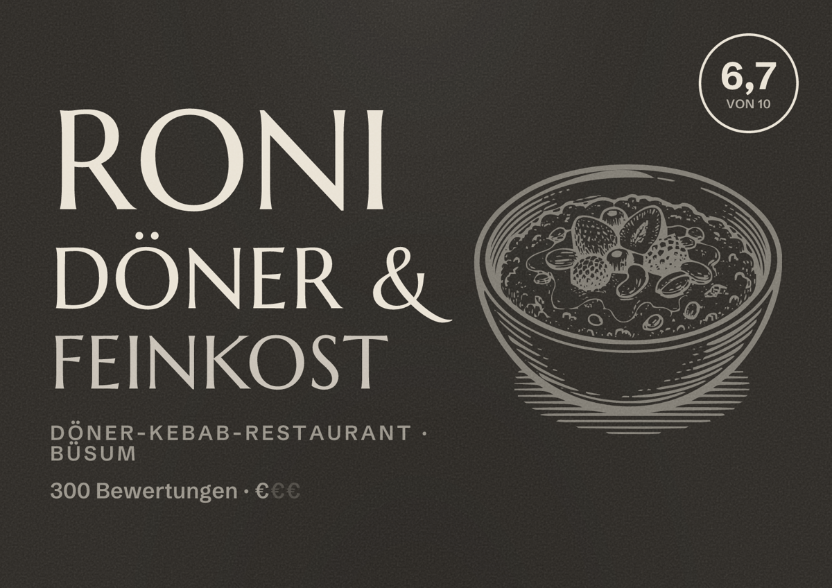 Illustriertes Poster von Roni Döner & Feinkost, Döner-Kebab-Restaurant in Büsum: Bewertung 6,7 von 10 aus 300 Bewertungen, Preisniveau €