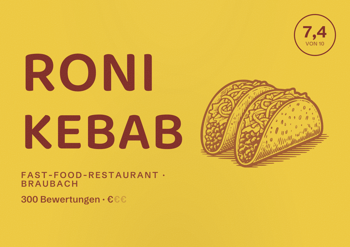 Illustriertes Poster von RONI KEBAB, Fast-Food-Restaurant in Braubach: Bewertung 7,4 von 10 aus 300 Bewertungen, Preisniveau €