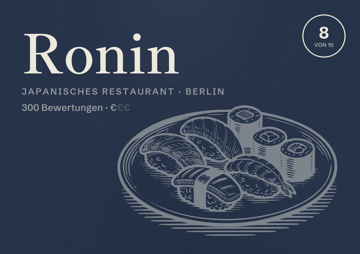 Illustriertes Poster von Ronin, Japanisches Restaurant in Berlin: Bewertung 8,0 von 10 aus 300 Bewertungen, Preisniveau €