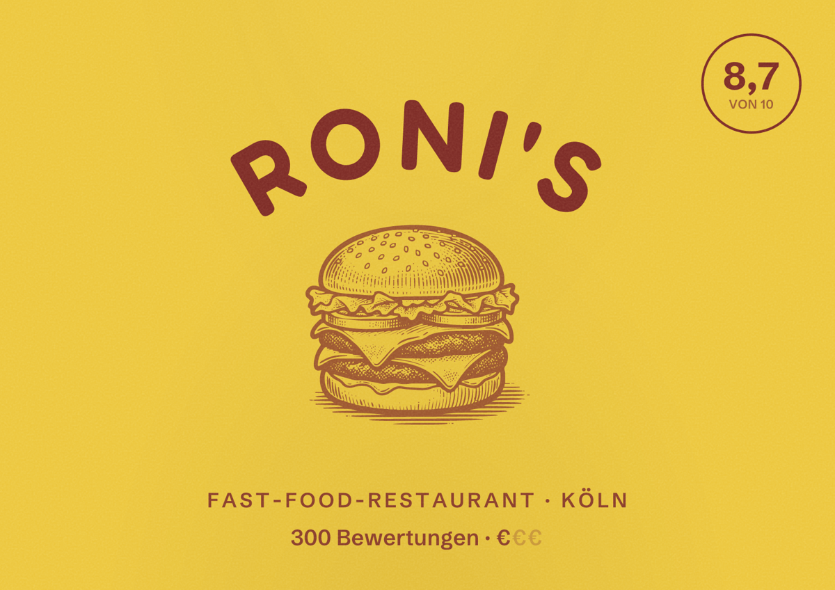Illustriertes Poster von RONI'S, Fast-Food-Restaurant in Köln: Bewertung 8,7 von 10 aus 300 Bewertungen, Preisniveau €