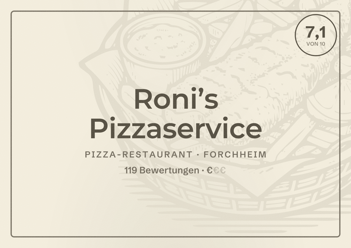 Illustriertes Poster von Roni’s Pizzaservice, Pizza-Restaurant in Forchheim: Bewertung 7,1 von 10 aus 119 Bewertungen, Preisniveau €