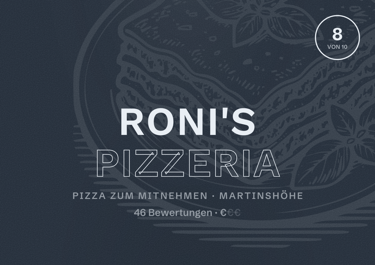 Illustriertes Poster von Roni's Pizzeria, Pizza zum Mitnehmen in Martinshöhe: Bewertung 8 von 10 aus 46 Bewertungen, Preisniveau €