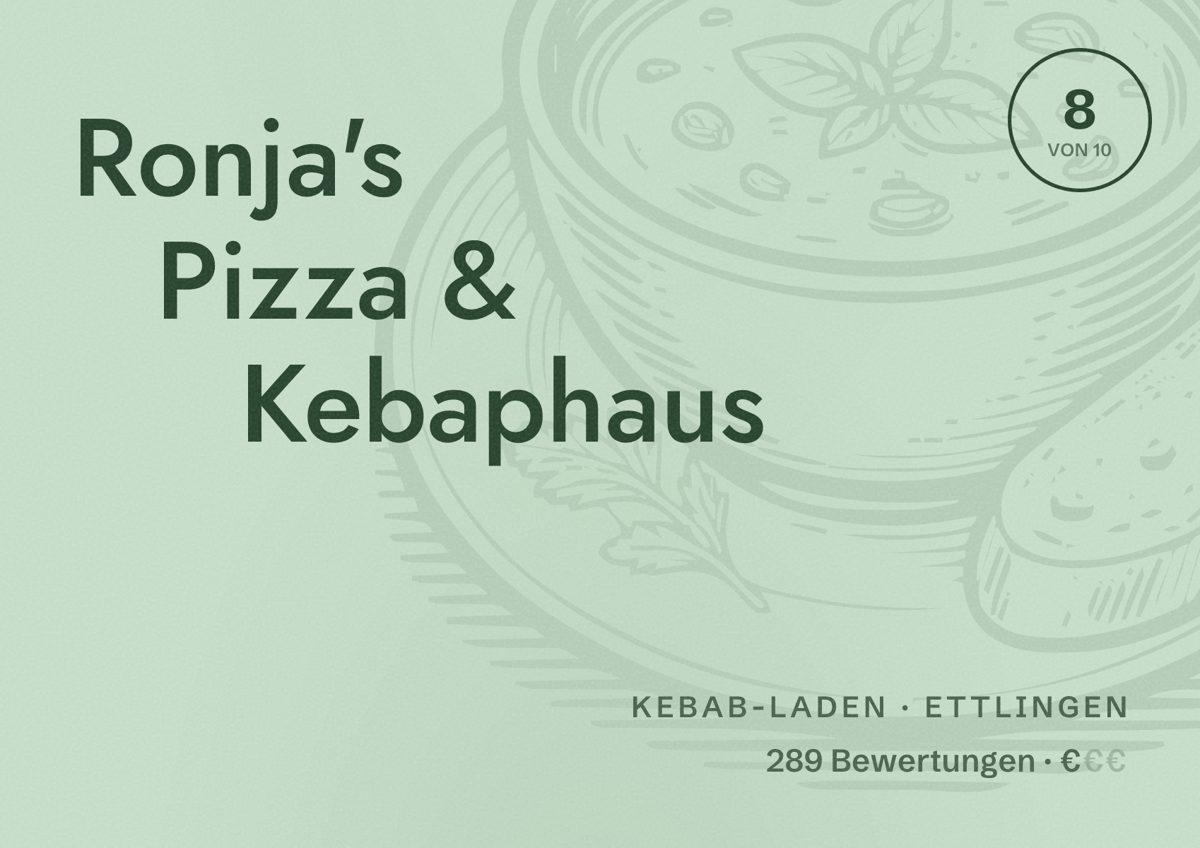 Illustriertes Poster von Ronja's Pizza & Kebaphaus, Kebab-Laden in Ettlingen: Bewertung 8 von 10 aus 289 Bewertungen, Preisniveau €