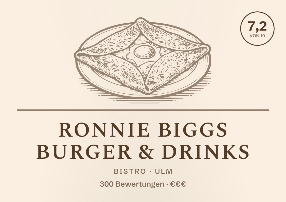 Illustriertes Poster von Ronnie Biggs Burger & Drinks, Bistro in Ulm: Bewertung 7,2 von 10 aus 300 Bewertungen, Preisniveau €€€