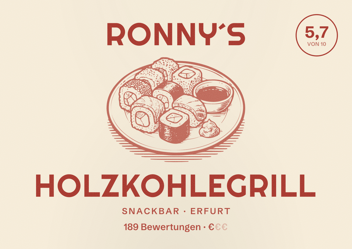 Illustriertes Poster von Ronny´s Holzkohlegrill, Snackbar in Erfurt: Bewertung 5,7 von 10 aus 189 Bewertungen, Preisniveau €