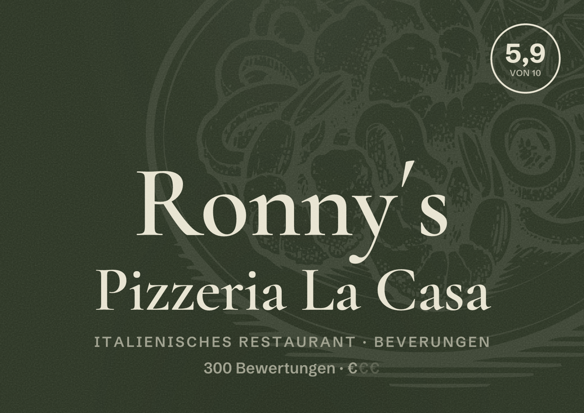 Illustriertes Poster von Ronny´s Pizzeria La Casa, Italienisches Restaurant in Beverungen: Bewertung 5,9 von 10 aus 300 Bewertungen, Preisniveau €