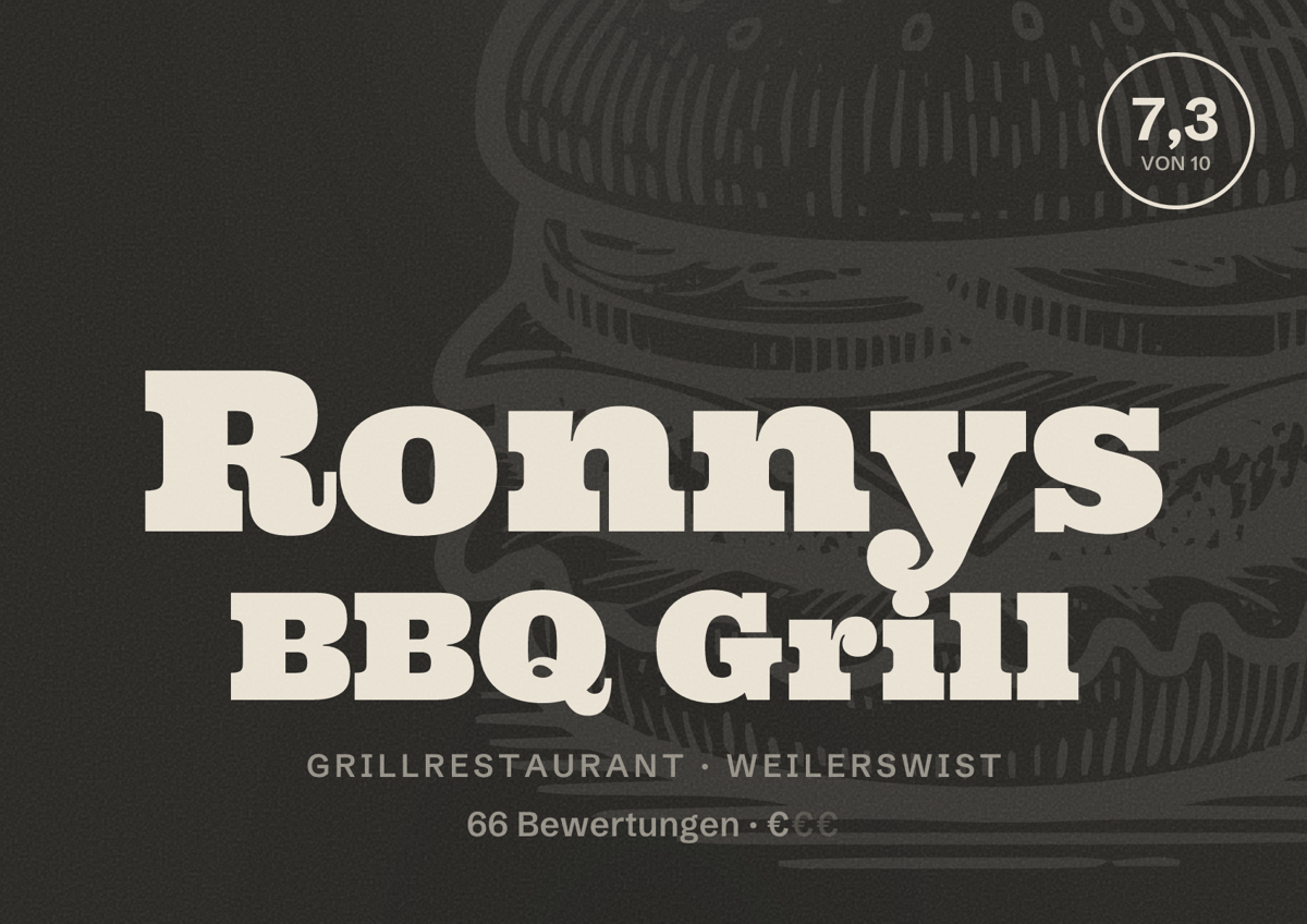 Illustriertes Poster von Ronnys BBQ Grill, Grillrestaurant in Weilerswist: Bewertung 7,3 von 10 aus 66 Bewertungen, Preisniveau €