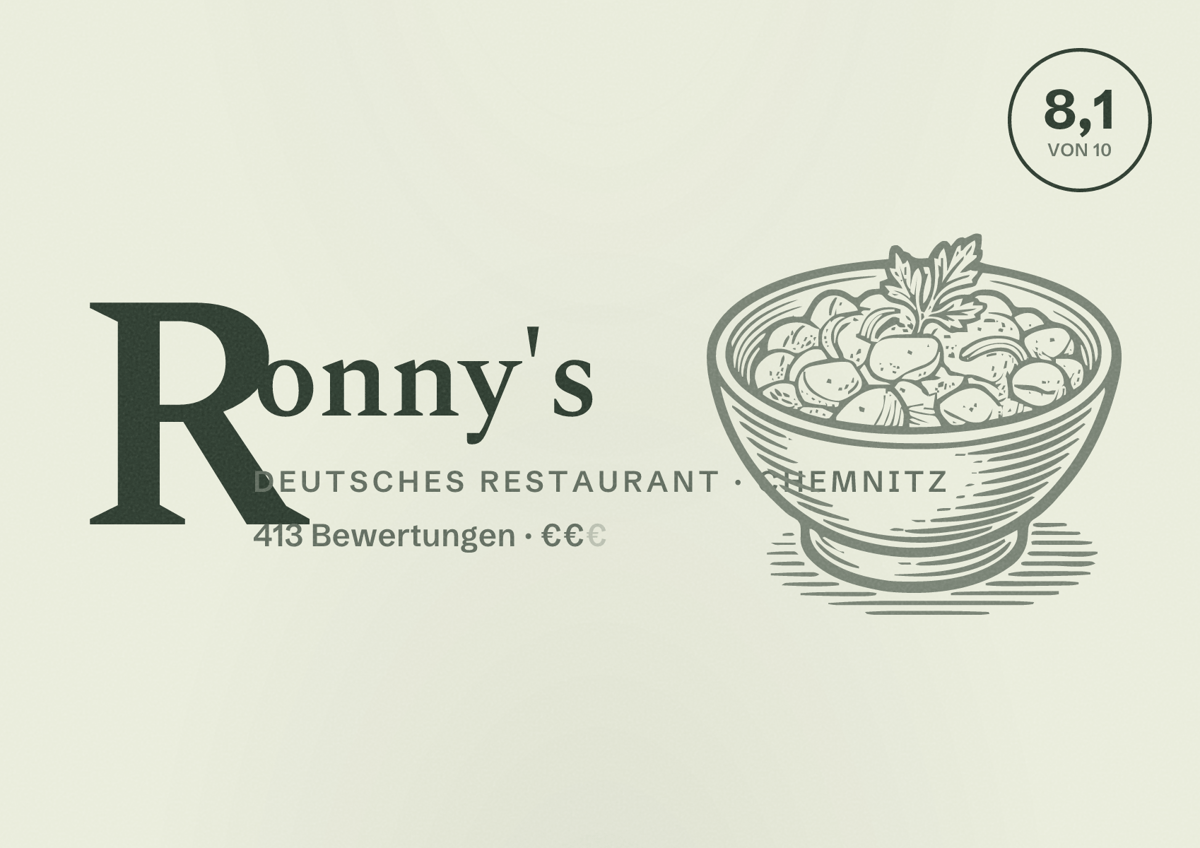 Illustriertes Poster von Ronny's, Deutsches Restaurant in Chemnitz: Bewertung 8,1 von 10 aus 413 Bewertungen, Preisniveau €€