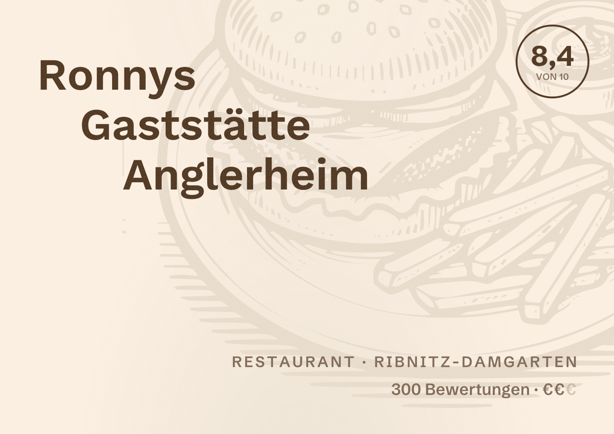 Illustriertes Poster von Ronnys Gaststätte Anglerheim, Restaurant in Ribnitz-Damgarten: Bewertung 8,4 von 10 aus 300 Bewertungen, Preisniveau €€