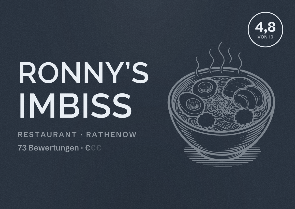 Illustriertes Poster von Ronny’s Imbiss, Restaurant in Rathenow: Bewertung 4,8 von 10 aus 73 Bewertungen, Preisniveau €